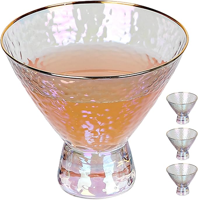 Lysenn Iridescent Stemless Martini Glasses Set of 4 - Premium Hammered Cocktail Glasses for Weddings, Anniversary, Christmas, Party - 7.7oz Gold Rim