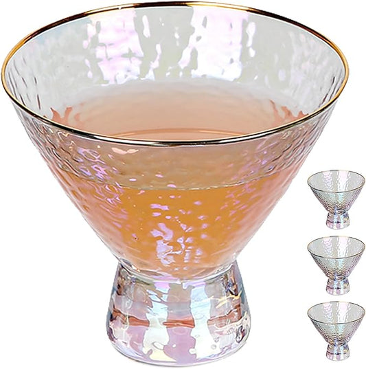 Lysenn Iridescent Stemless Martini Glasses Set of 4 - Premium Hammered Cocktail Glasses for Weddings, Anniversary, Christmas, Party - 7.7oz Gold Rim