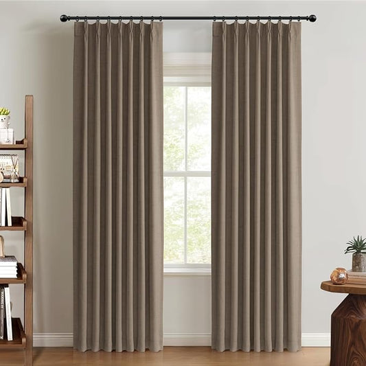 100% Blackout Shield Linen Look Textured Pinch Pleated Curtains Blackout Drapes 102 Inch Long 2 Panels Set, Faux Linen Blackout Curtains for Bedroom & Living Room, 40" W x 102" L, Linen Brown
