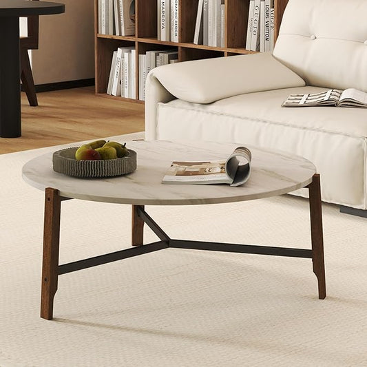 HEAH-YO Round Coffee Table, 36” Wooden Coffee Tables for Living Room, Modern Corner Table for Small Spaces, White