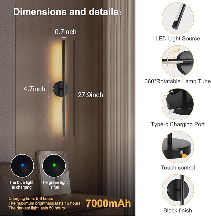 Wireless Battery Operated Wall Sconces with Remote, Black Rechargeable Led Wall Lights Set of Two, Cordless Dimmable Battery Powered Wall Lamp Decor for Bedroom Living Room, 3 Color, 28 Inch