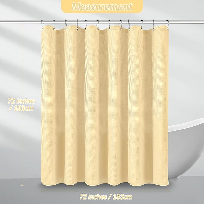 Beige Shower Curtain 256GSM Heavy Duty Waffle Woven Bathroom Shower Curtains, Weighted Fabric for Hotel Spa Luxury Polyester Bath Curtain with 12 Hooks, 72Wx72H