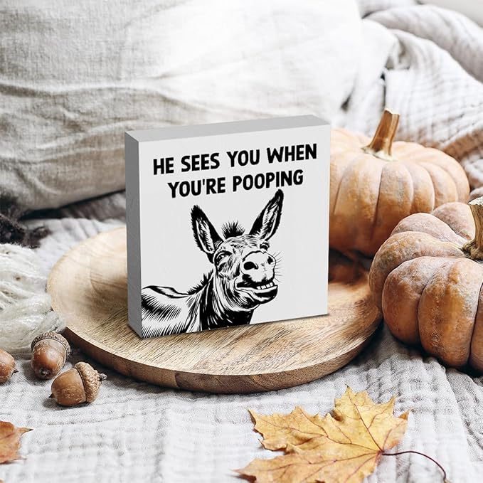 HTBIG Funny Donkey Bathroom Wooden Box Decor He Sees You when You Re Pooping Wooden Box Logo Put It on a Bathroom Corner Shelf to Create a More Cheerful Ambiance 5 x 5 Inch