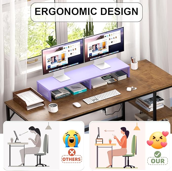 Dual Computer Monitor Stand Riser, Desk Organizers and Accessories, Printer & TV Stand, Desk Shelf, Office Desk Accessories & Desktop Workspace Organizer for Office Supplies, Purple