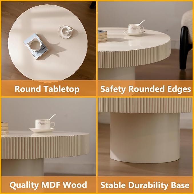 Modern Wood Coffee Table - Handcraft Drum Coffee Tables with Sturdy Base, Easy Assembly, Contemporary Style Small Coffee Table Tea Table for Living Room, Bedroom, Office (White Thin)