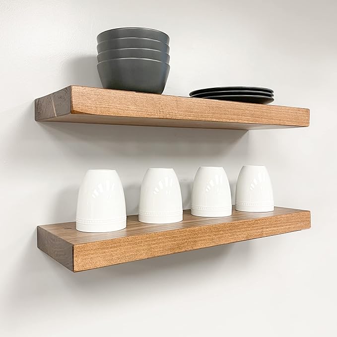 URBANDI, Rustic Floating Shelves, Set of 2, Hidden Bracket, Solid Wood, Heavy Duty, Wall Mounted Shelves, (Brown, 60Wx8D)