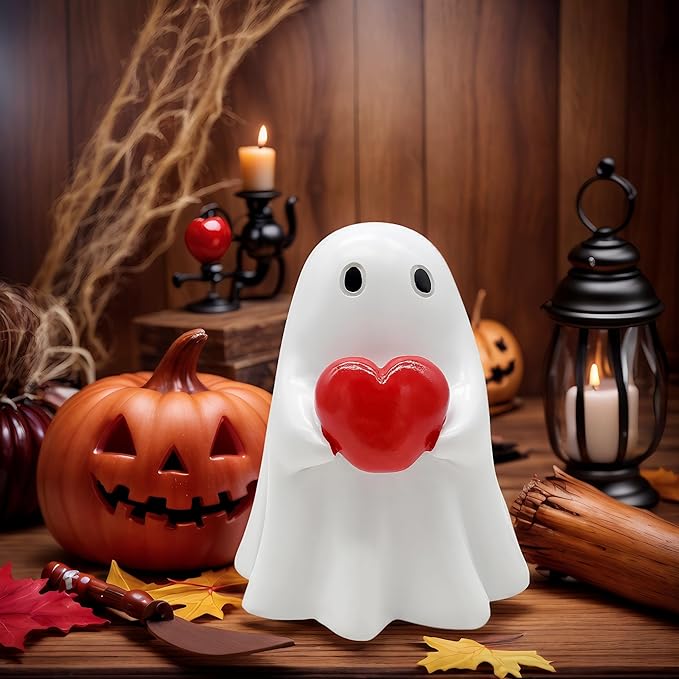Halloween Cute Ghost Figurine with Red Heart– Resin Mini Statue, Romantic Shelf & Desk Decor, Halloween or Valentine’s Day Gift for Home, Office, and Friends