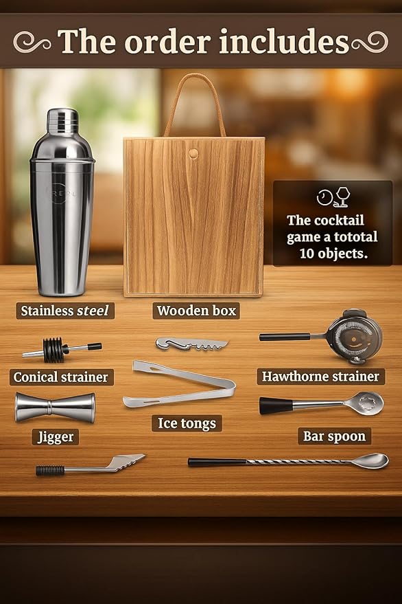Cocktail Shaker Set RETEUR -10 Piece Bartender Kit with Rustic Wood Box -Bar Tool Set Stainless Steel - Home Cocktail Shaker Set- Bar Set, Essential and Excellent Gift., Silver