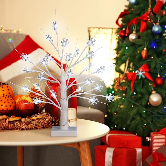 Retisee 1 Pcs Snowflake Tree LED Light with 24 LED Lights Timer USB Battery Operated Christmas Snow Indoor Outdoor for Home Table Party Decor (White Color,Snowflake)