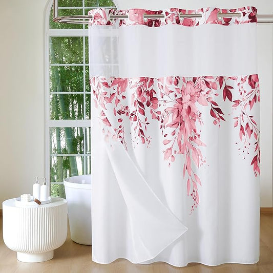 QiyI No Hook Shower Curtain with Snap in Fabric Liner, Pink Eucalyptus Shower Curtain with See Through Top Window, Waterproof Washable Cloth Ringless Shower Curtain Set for Bathroom, 72 x 75