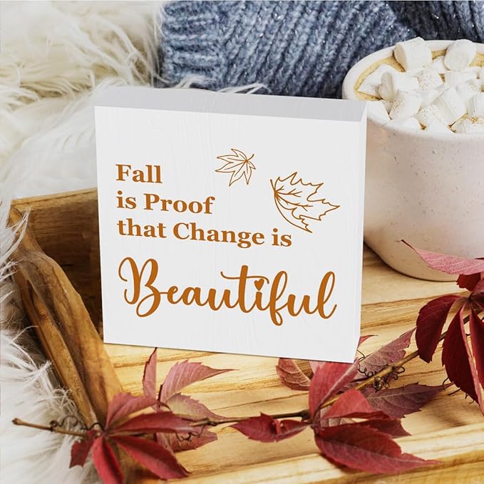 HTBIG Fall Is Proof That Change Is Beautiful Wooden Box logo for Home Fall Office Decor Rustic Wooden Shelf Desk House Room Indoor Desktop Decor 5 x 5 Inch