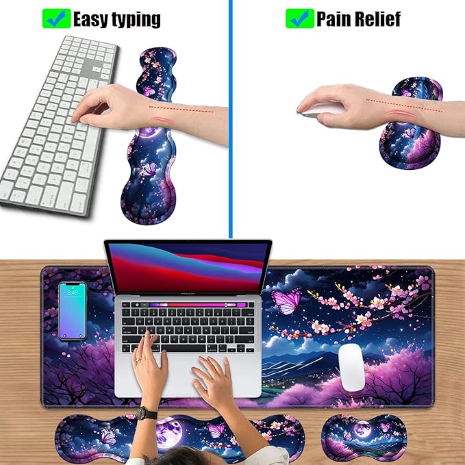 4 in 1 Ergonomic Keyboard Wrist Rest & Mouse Pad Wrist Rest Set, Large XXL Gaming Desk Mat 31.5"x 11.8" with Non-Slip Base, Memory Foam for Home Office Study Gaming, Moon Cherry Blossom Butterfly