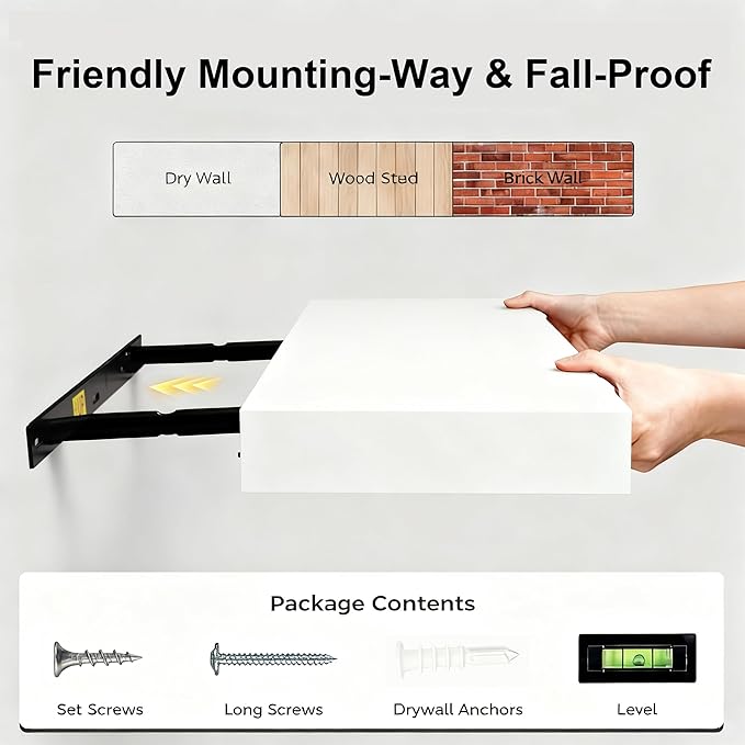 Floating Shelves for Wall(Set of 2)-16 Inch White Wood Wall Shelf with Invisible Brackets for Bathroom,Bedroom,Drawingroom,Kitchen for Decor