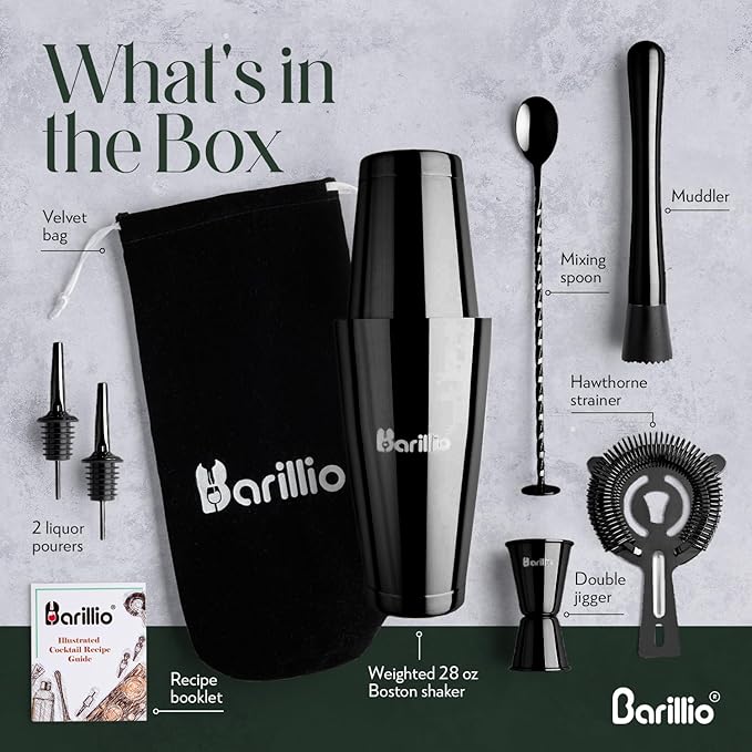 Barillio Black Boston Shaker Set - Stainless-Steel, Weighted Martini Cocktail Shaker Set w/Strainer & Mixer - Mixology Bartender Kit - Bar Set for The Home - 9-pc Drink Set - Bar Tools