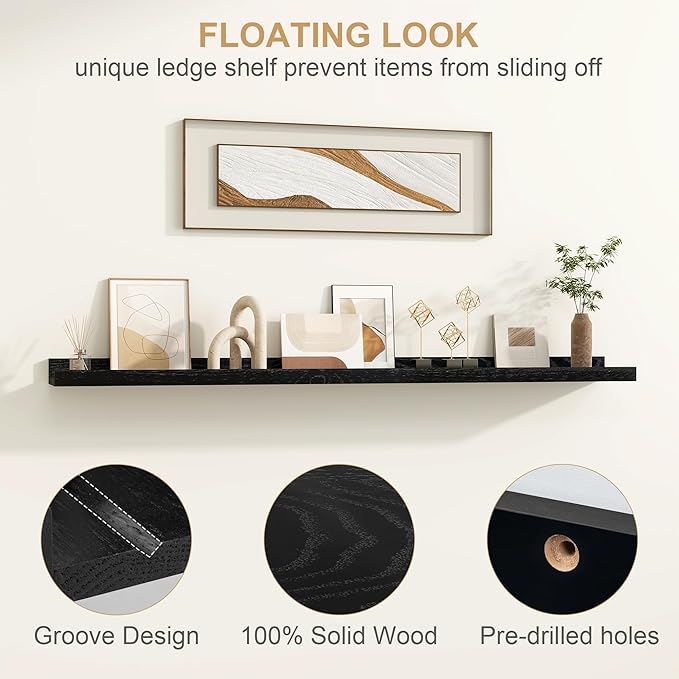 Floating Picture Ledge Shelves 36 Inch Solid Oak Wood Set of 2, Rustic Wall Storage Shelves with Lip, Kids Bookshelf, Photo & Picture Ledge Shelves for Bedroom, Living Room, Kitchen