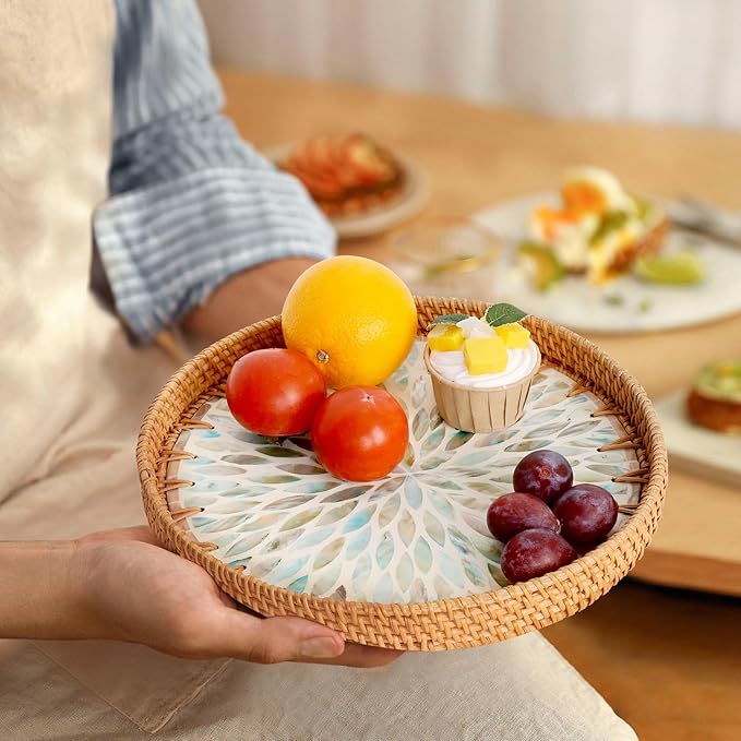 Round Rattan Tray with Mother of Pearl Inlay, Rattan Serving Tray for Coffee, Bread, Fruits, Decorative Wicker Tray for Table Decor, Home Decor, Kitchen Island Decor (Ambilight, 11.8")