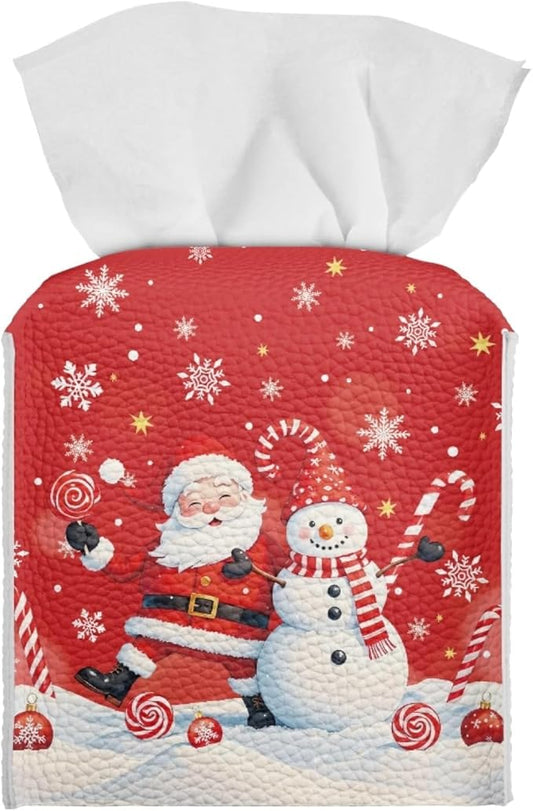 Christmas Tissue Box Cover Square Facial Tissue Holder Storage for Bedroom Bathroom Night Stand Car Santa Claus Snowman Modern Home Decorative with Buttons Napkin Case Covers