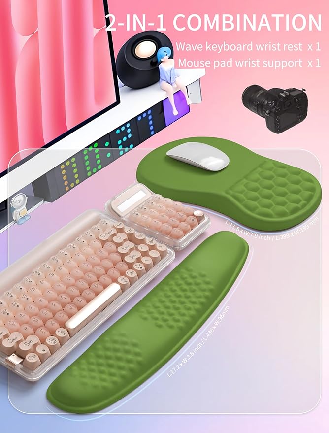 Hokafenle 2in1 Combination, Wave Keyboard Wrist Rest and Ergonomic Curvature Mouse Pad Wrist Support for Relieve Wrist Pain, Filled with Soft Cushion Memory Foam, Dill Green