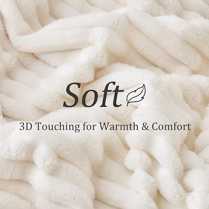 BEDELITE Full Size Blanket for Bed, 300GSM Soft & Warm Fleece Cream White Blanket, Decorative and Giftable Striped Blankets for Women, Men, 84"x90"