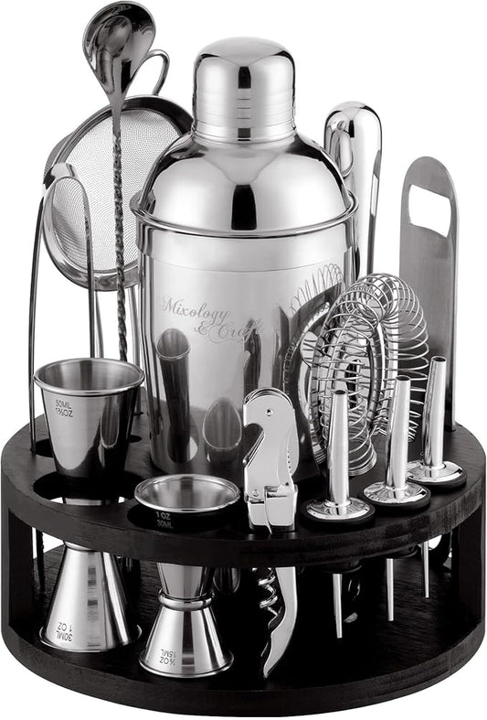 Mixology & Craft Bartender Kit – 15-Piece Cocktail Shaker Set with Bar Tools, Premium Stainless Steel Drink Mixer Accessories for Home Bar, Includes Bamboo Stand, Plus Exclusive Recipe Cards (Silver)