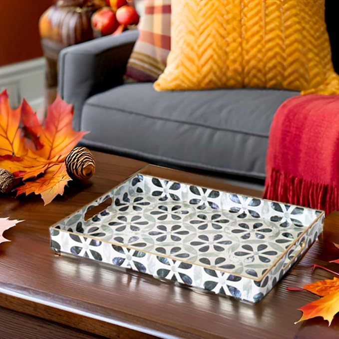 Boho Sturdy Acrylic Serving Tray with Handles, Rectangular for Coffee Table, Food, Breakfast - Kitchen Countertop, Ottoman - Plastic Decorative, 15.7" x 11.8"