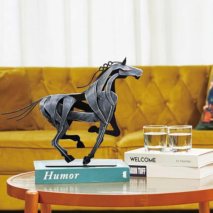 Horse Statue, Unique Metal Art Sculpture for Vintage Home Decor, Modern Decor, Gift for Horse Lovers (Grey)