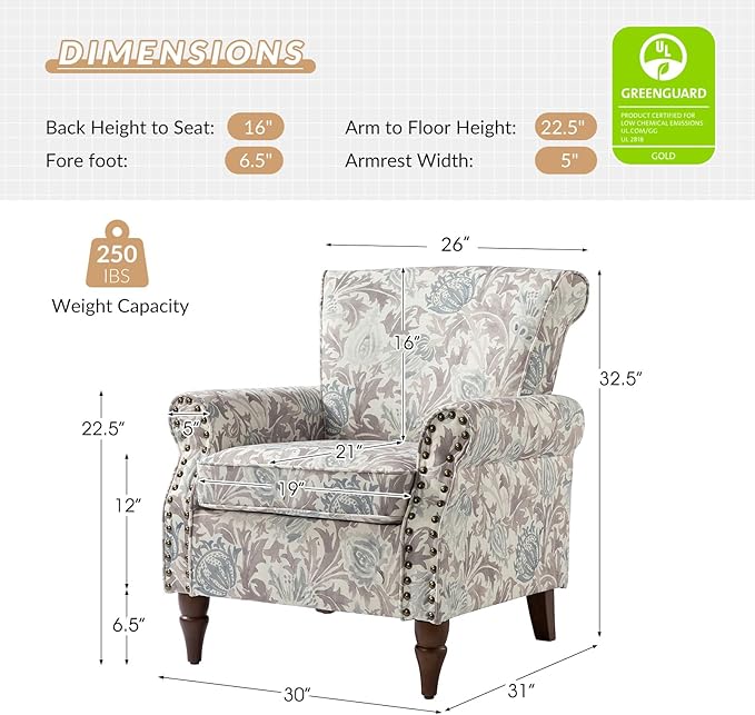 HULALA HOME Modern Wingback Accent Chair with Wood Legs & Removable Cushion, Comfy Upholstered Armchair with Nailhead Trim, Floral Pattern Single Sofa Chair for Living Room Bedroom, Grey