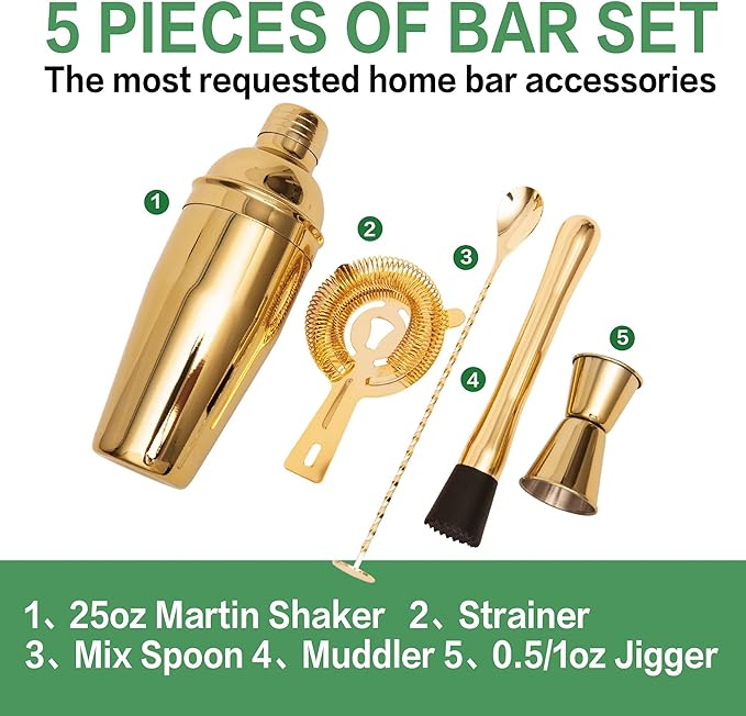 Cocktail Shaker Set Bartender Kit,5 Piece Bar Set Stainless Steel Bar Tools Set for Professional Bartender and Home (Gold, 5-Piece)