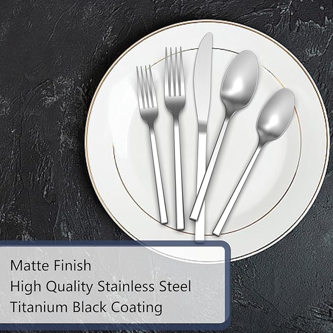 Cubic 20-Piece Silverware Set, Flatware Set Stainless Steel, Modern Cutlery Set, Service for 4, Matte Finish Forged Dishwasher Safe