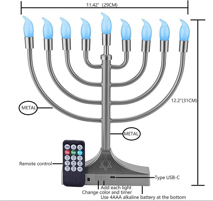 Electric Hanukkah Menorah,RGB Led Menorahs for Chanukah Decoration,Color Changing with Remote Control & Push-Button to Choose The Day and Timer Options Battery/USB Powered,Silver
