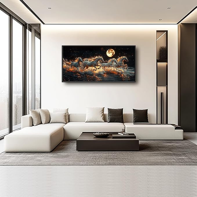 Horse Wall Art, White Horses Pictures Wall Decor, Running Animal in Moonlight Canvas Prints Painting, Large Framed Artwork for Living Room Office Bedroom Bathroom Corridor 60"x 30"