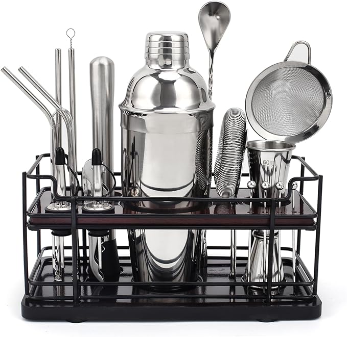 Cocktail Shaker Set with Stand, 20-Piece Complete Bartender Kit for Home & Bar Use, Stainless Steel Bar Set with 25oz Shaker, Bar Accessories and Recipes, Ideal Cocktail Kit for Parties & Gift Giving