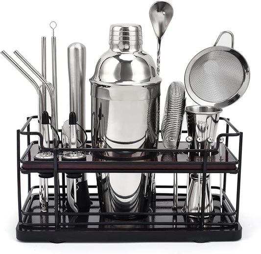 Cocktail Shaker Set with Stand, 20-Piece Complete Bartender Kit for Home & Bar Use, Stainless Steel Bar Set with 25oz Shaker, Bar Accessories and Recipes, Ideal Cocktail Kit for Parties & Gift Giving