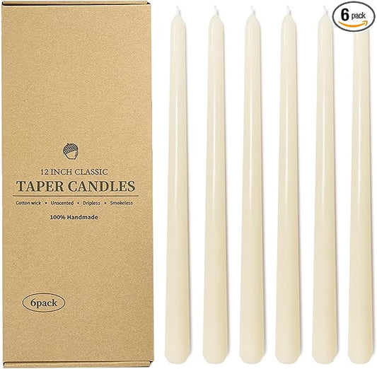 12 Inch Taper Candles 6 Pcs Unscented, Smokeless, Dripless Long Tapered Candlesticks Candles for Christmas Birthday Dinner Wedding Party Home Decor