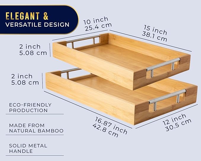Set of 2 Decorative Serving Trays - Bamboo + Silver Stainless Steel Handles - Coffee Table or Ottoman Tray for Breakfast in Bed Jewelry, Decor Organization - 12"x17" - Pure Bamboo Finish