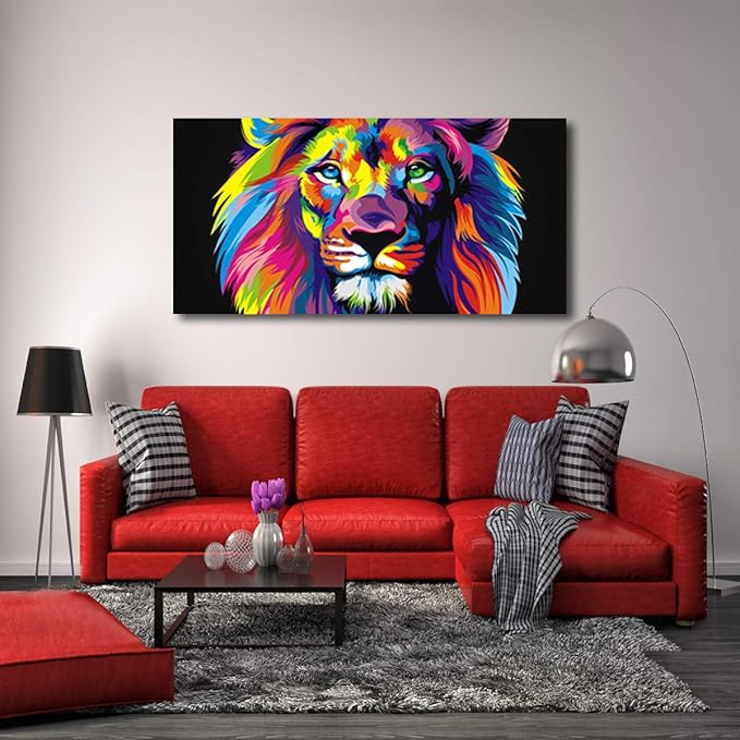 Animal Lion Pictures Wall Decor Art For Bedroom,Colorful Lion Canvas Wall Art Paintings for Living Room,Artwork Stretched and Ready to Hang,Size 20x40inches.