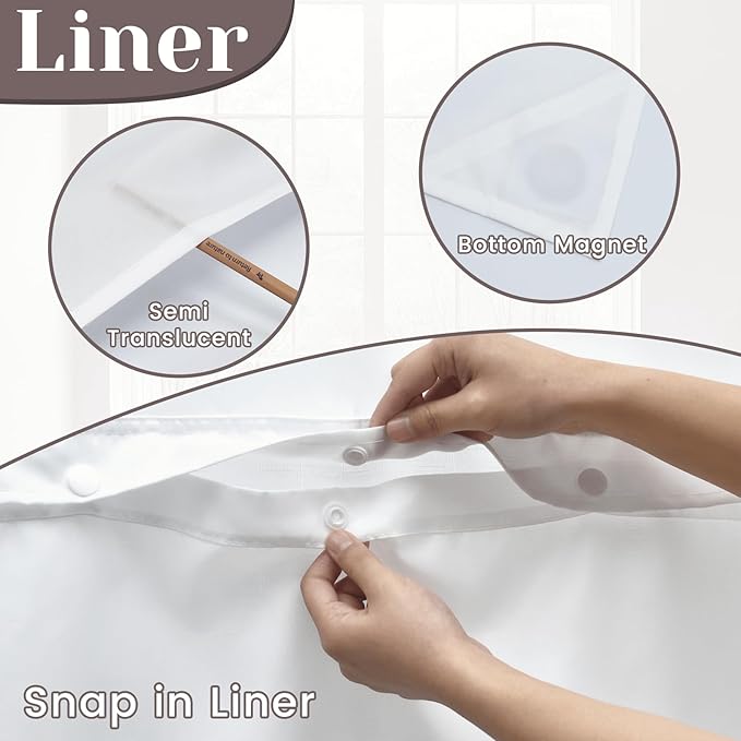 No Hook Slub Textured Shower Curtain with Snap in Liner - White Fabric Outer Curtain & Waterproof Inner Liner, Hotel Style with See Through Top Window, 71x77 in