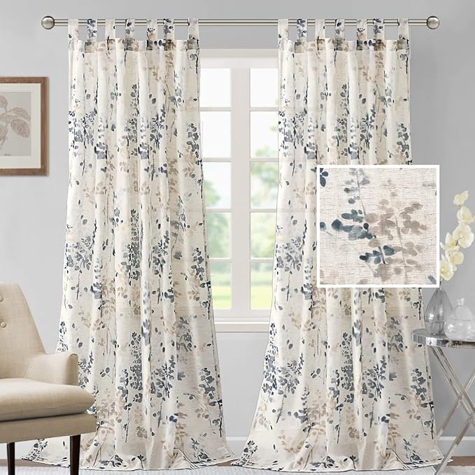 H.VERSAILTEX Linen Sheer Curtains for Living Room Sheer Panels 95 Inches Long Light Filtering Tab Top Window Treatment Drapes for Bedroom, 2 Panels, Vintage Classical Floral Print Bluestone and Taupe