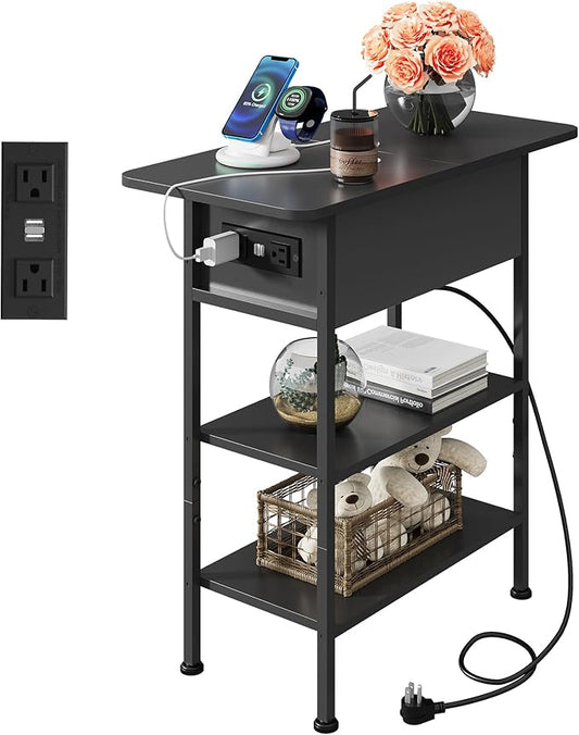 WLIVE End Table with Charging Station, Flip Top Side Table with Storage Shelf, Sofa Couch Table with USB Ports and Outlets, Narrow Bedside Table for Living Room, Bedroom ,11.81"D x 23.62"W x 24.33"H