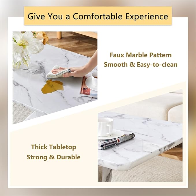 LKTART Rectangle Coffee Table for Living Room, Imitation Marble Coffee Tables with Storage, Modern Stable Base Center Tea Table for Dining Room Small Space Apartment (43.3''L×22.4''W-White)