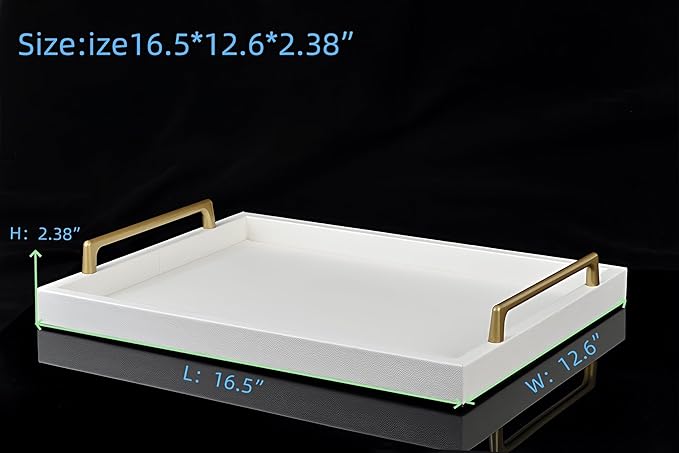 MCBZ Home Decor Rectangular Decorative Tray, Wooden Leather Serving Tray with Gold Hardware Carrying Handles, Suitable for Party Birthday Wedding Family All Occasions 16.5 * 12.6"（Creamy White）