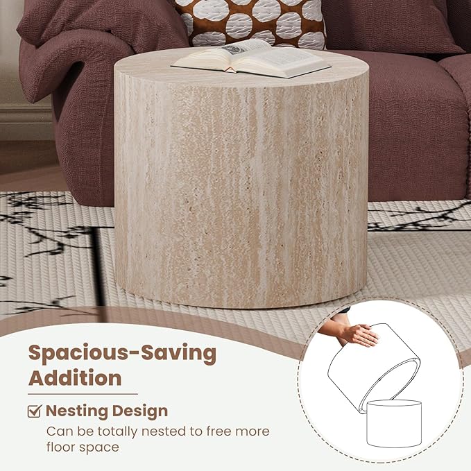 Round Nesting Coffee Table Set of 2 Modern Wood Coffee Tables Handcraft Drum Coffees Table Farmhouse Round Sofa Side Tables End Table for Living Room Small Spaces, No Assembling (Travertine)