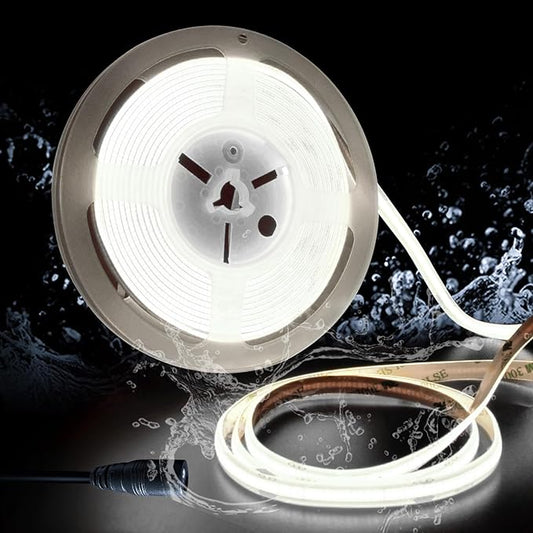 COB led Strips Lights,DC24V Outdoor led Strip,Cool White 6000K,320LEDs/M,8MM Wide,16.4ft/5M,CRI90+ IP65 Waterproof Strips Light for Bathroom Decor,Pool,Aquariums(Not Included Power)