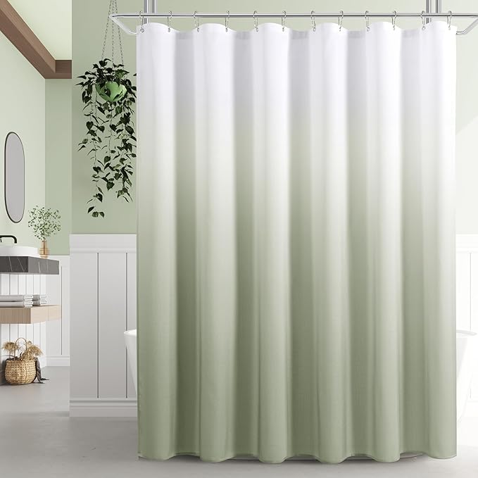 Sage Green Extra Long Shower Curtain 72 x 96, Green and White Linen 96 inch Modern XL Bath Curtains for Bathroom Decor, Washable Morden Fabric Curtains with Hooks