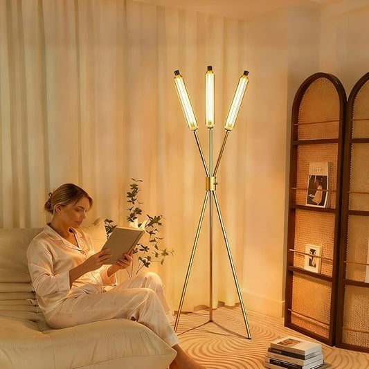 Lightdot LED Tripod Floor Lamps for Living Room, Stepless Dimmable(10-100% Brightness) Modern Standing Tall Lamp with 360° LED LampHead,Mid Century Industrial Floor Lamp for Bedroom-Gold