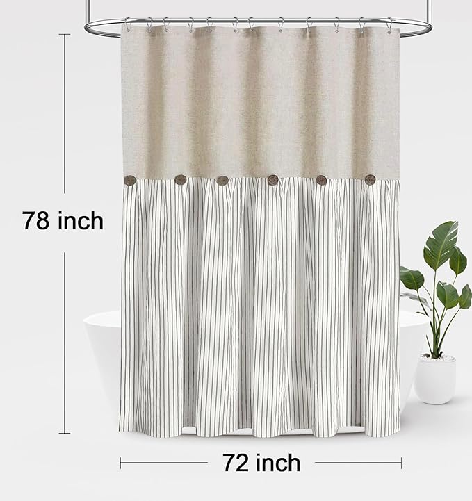 Awellife Farmhouse Beige Shower Curtain Button Linen Textured Woven Fabric,Pleated Grey Stripe,Country Style,72" W x 78" L