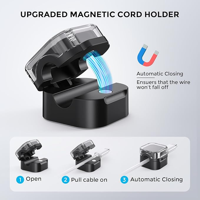 AhaStyle Magnetic Cable Organizer [1s Lock] 6 Pack Cord Cable Holders Clips Strong Adhesive Cable Cord Keeper [Smooth Adjustable] Hide Wire Cord Organizer for Nightstand Kitchen Car Office (Black)