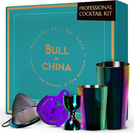 5 Piece Cocktail Kit by Bull In China - Premium Bartender Gift Set Includes Weighted 2 Piece Boston Shaker, Hammered Bell Jigger, Hawthorne Strainer & Fine Mesh Strainer (Rainbow Chrome)