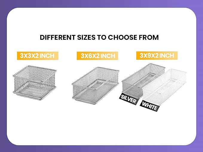 YBM HOME Silver Mesh Drawer Cabinet and or Shelf Organizer Bins, School Supply Holder Office Desktop Organizer Basket (2, 3x3x2 Inch)