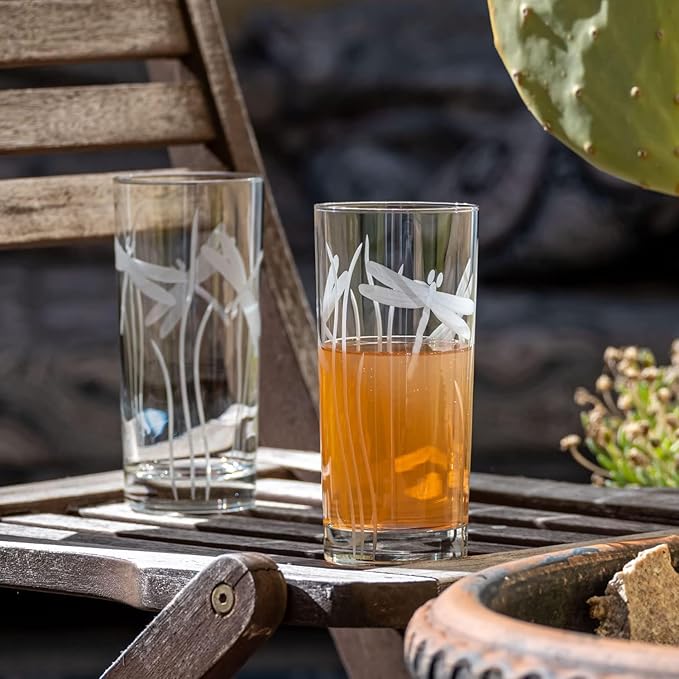 Rolf Glass Dragonfly Highball Glass 15 ounce - Set of 2 Cooler Glasses – Lead-Free Glass - Etched Drinking Glass with Heavy Base - Made in the USA